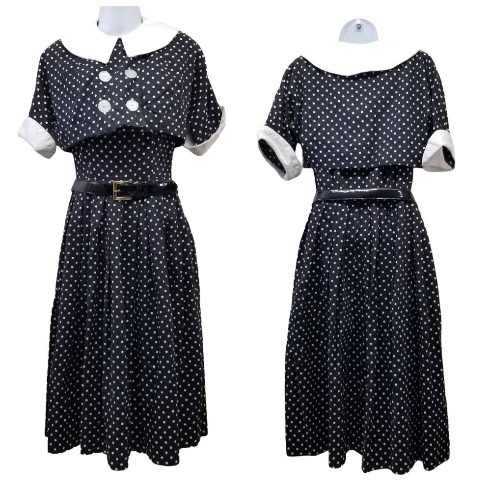 Vintage Handmade Dress White Black Polka Dot Vintage‎ Cosplay 2 Pc Fitted